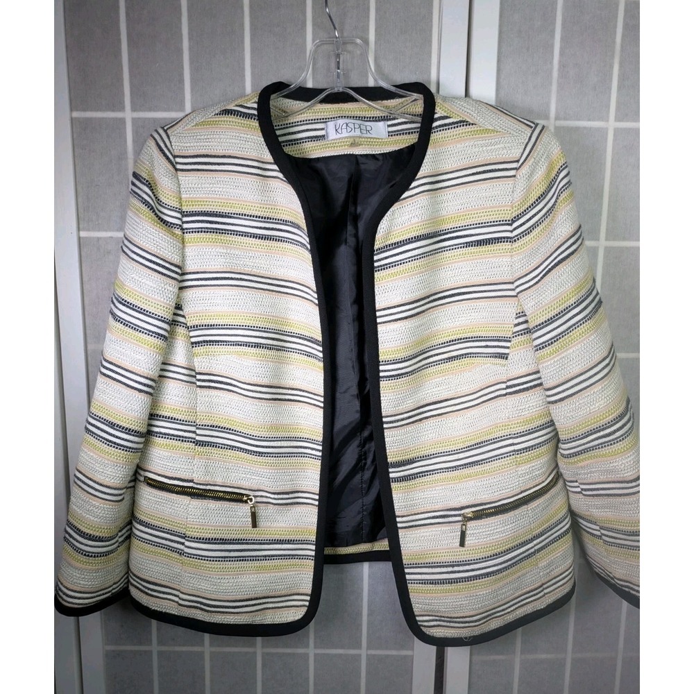 Kasper Womens Open Blazer 8 Textured Stripe Zipper Pockets Cotton Blend Office